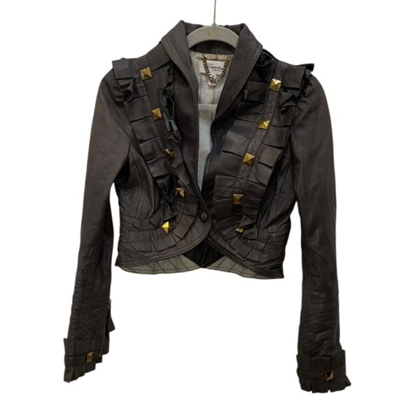 Temperley of London gray leather ruffle studs detail jacket 8